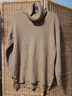 Karl Lagerfeld Taupe Ribbed Turtleneck Sweater with Side Button Detail